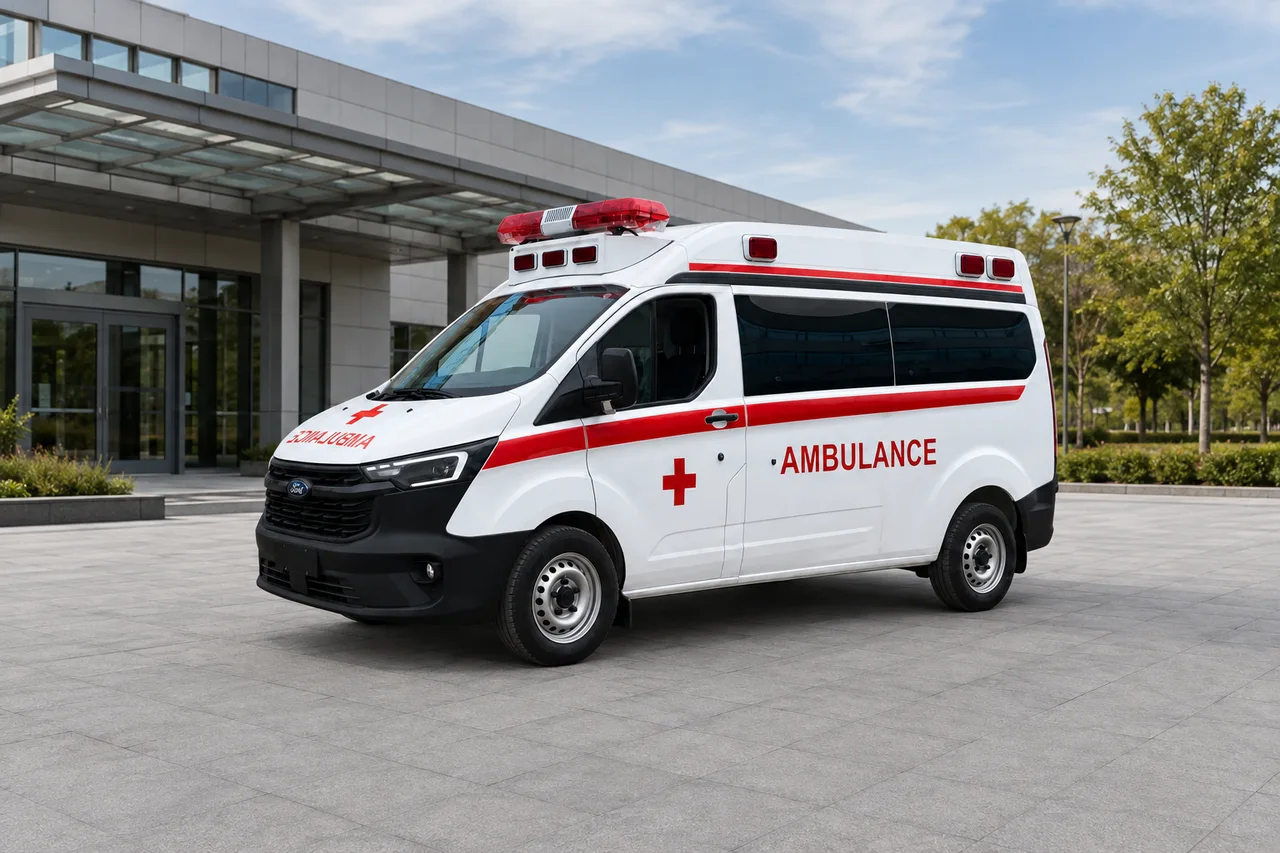 Illustrative ambulance outside a generic medical facility