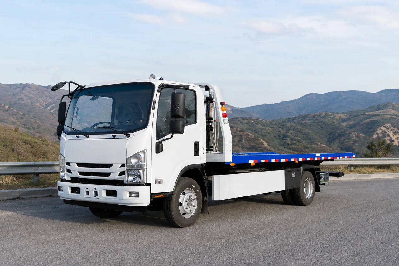 Illustrative flatbed recovery truck at a mountain-road service turnout
