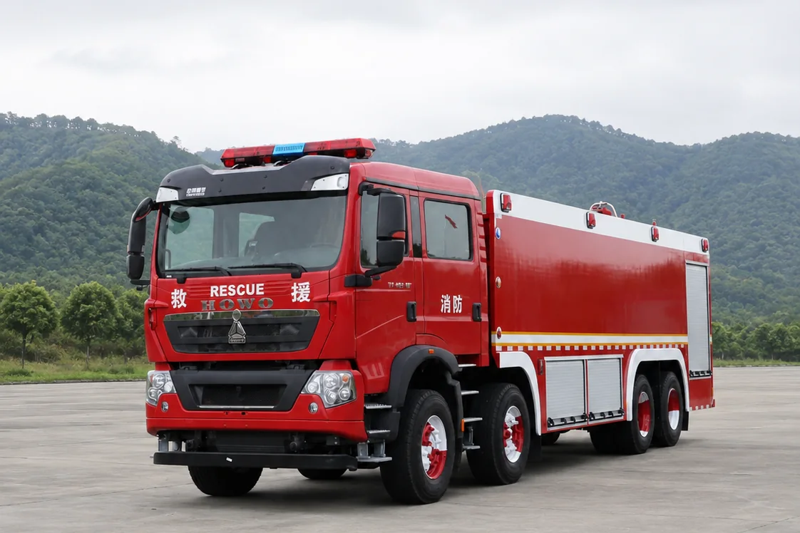 Illustrative family fire preparedness scene with a product-reference vehicle and its original manufacturer badge