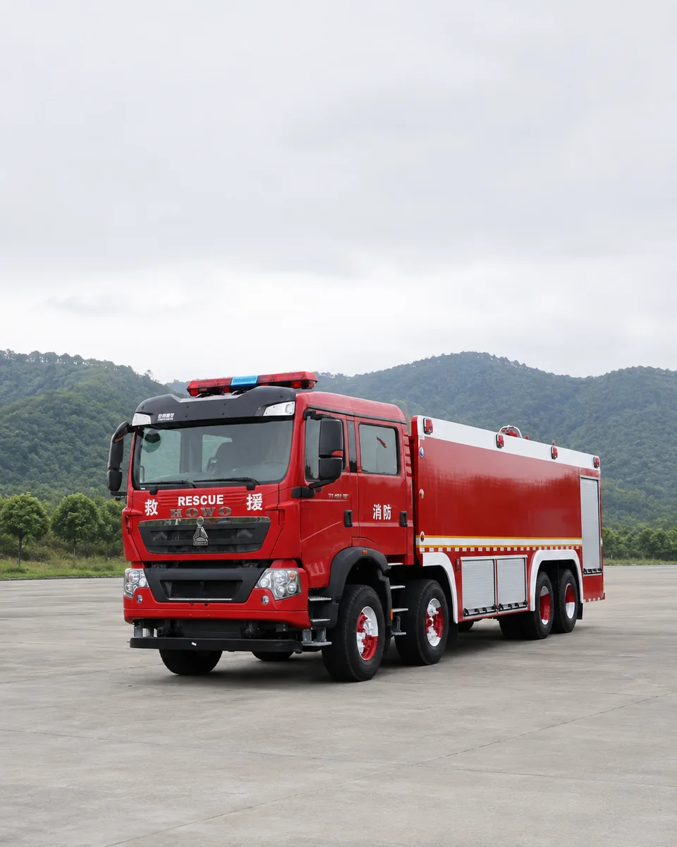 Illustrative family fire preparedness scene with a product-reference vehicle and its original manufacturer badge