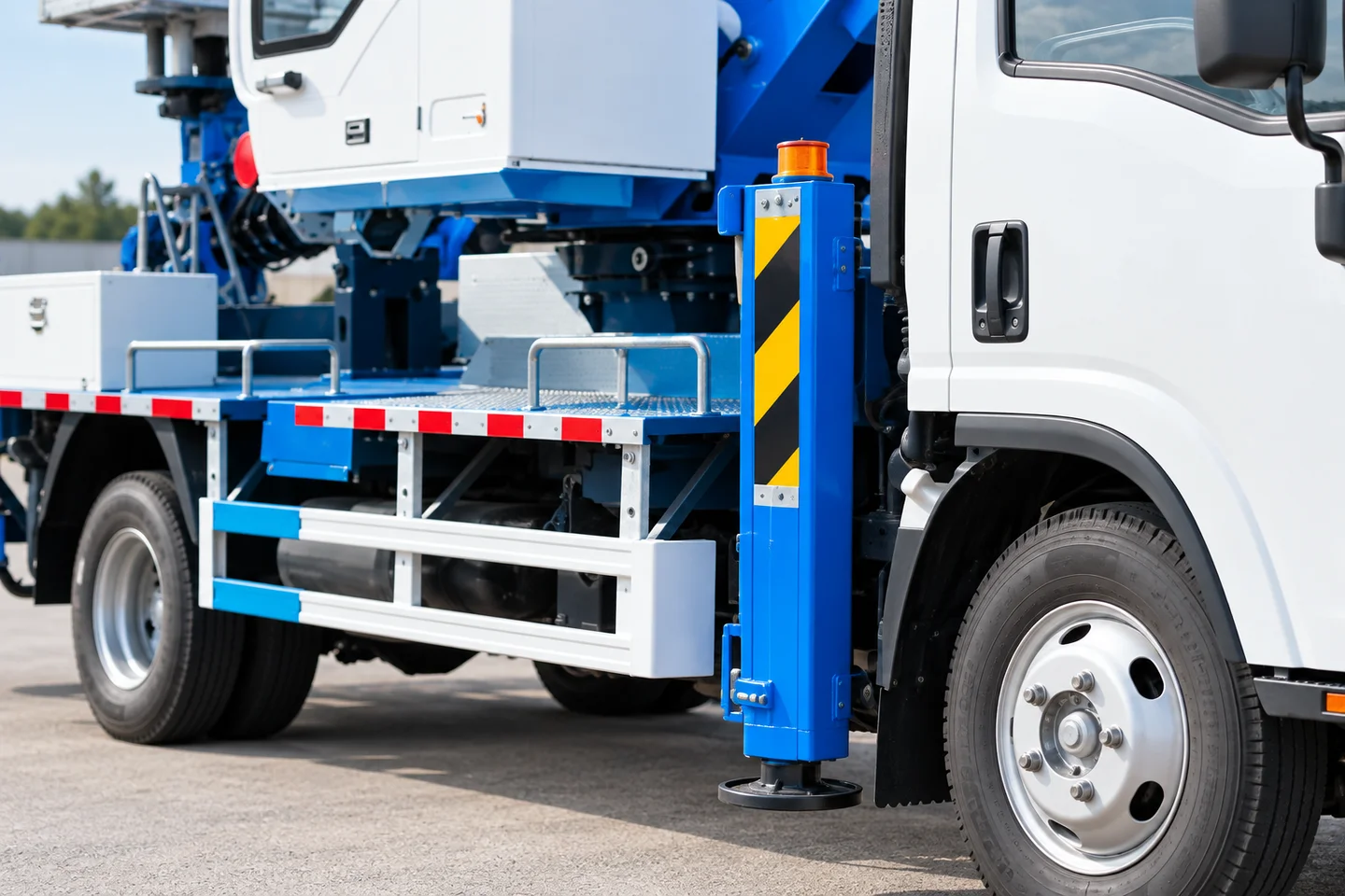 Illustrative detail of an aerial platform truck stabilizer and access steps