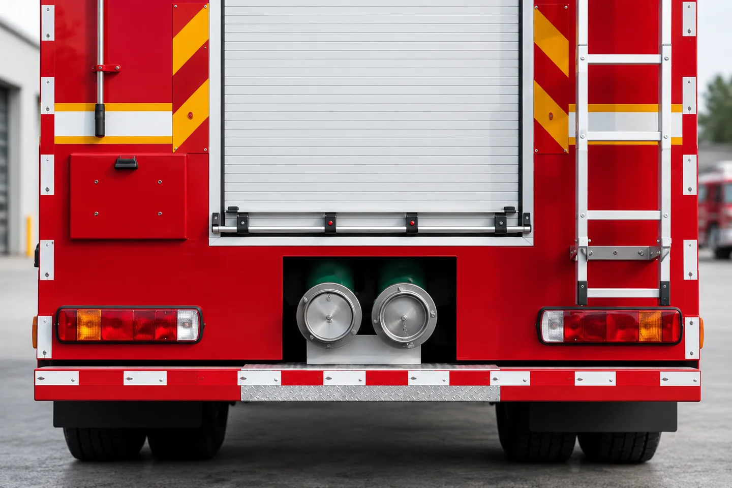 Illustrative detail of a fire truck rear compartment, capped connections and access ladder