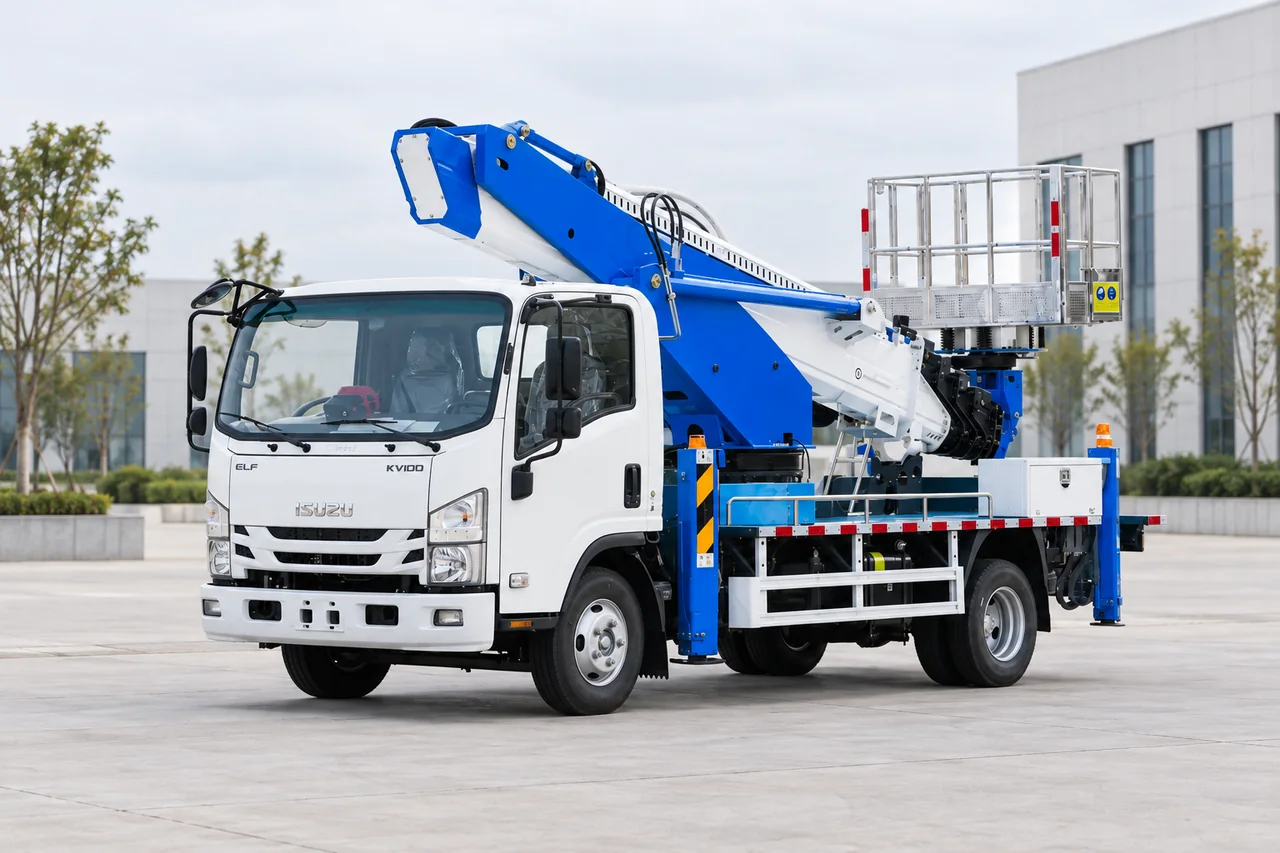 Illustrative blue and white aerial platform truck with boom stowed