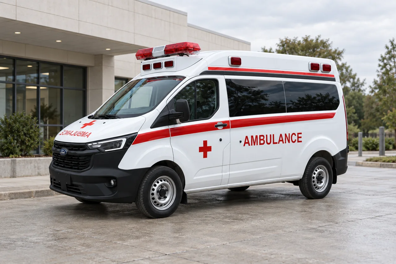 Illustrative white ambulance in a quiet architectural setting