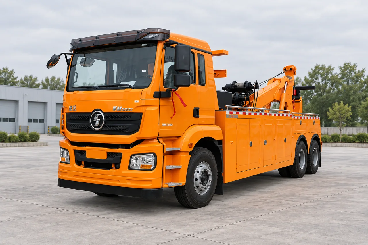 Illustrative orange recovery truck on a level service apron