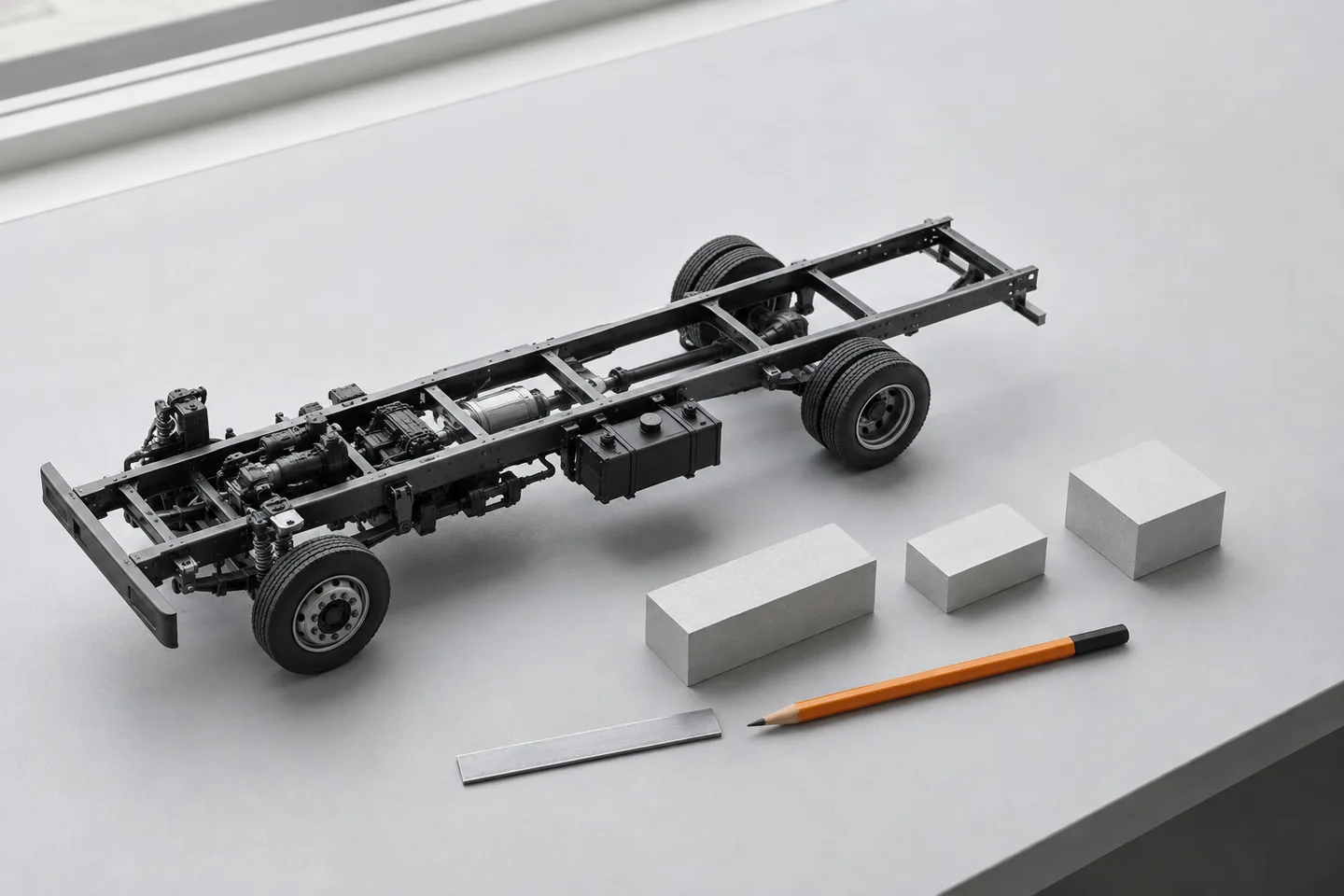 A miniature truck chassis and separate model blocks for load-layout planning