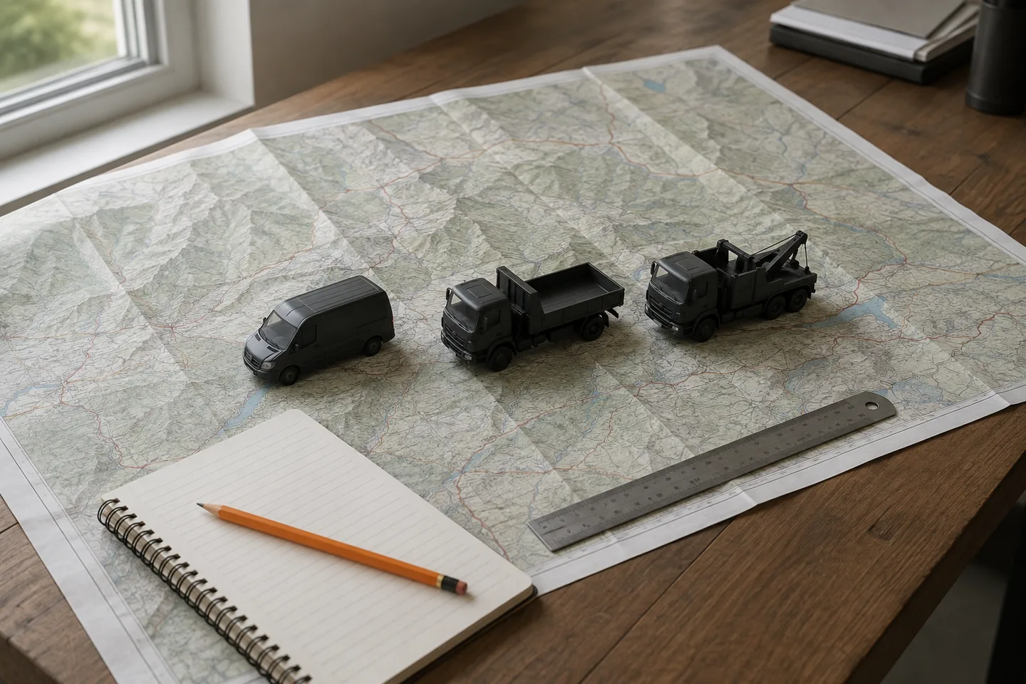 Scale vehicle models arranged on a terrain map for fleet planning