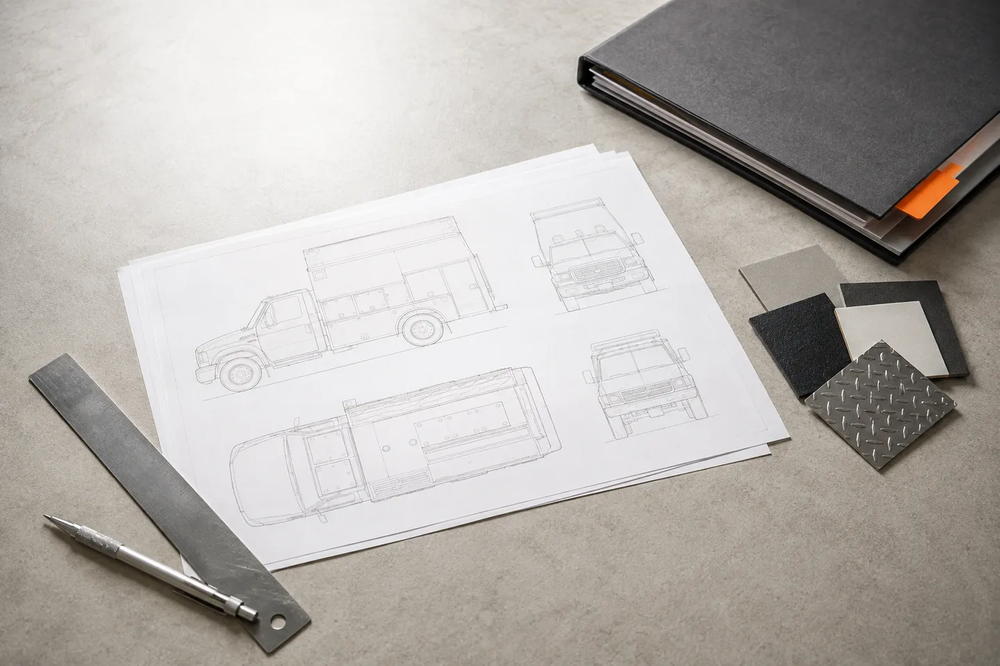 Vehicle outline sheets, a document binder and material samples on a specification desk