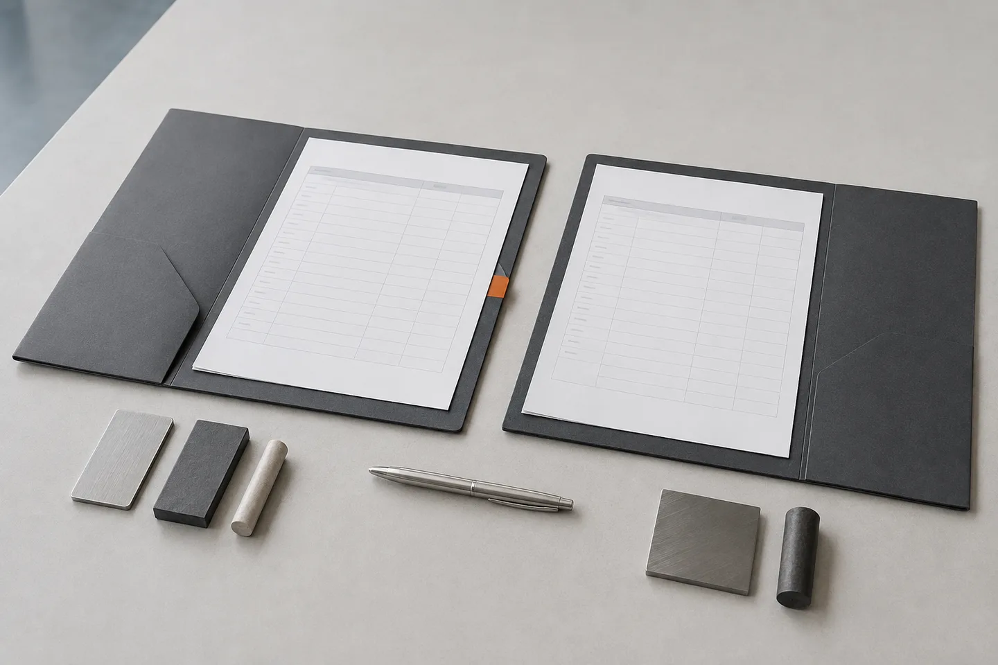 Two scope folders and differing material samples arranged for quotation comparison