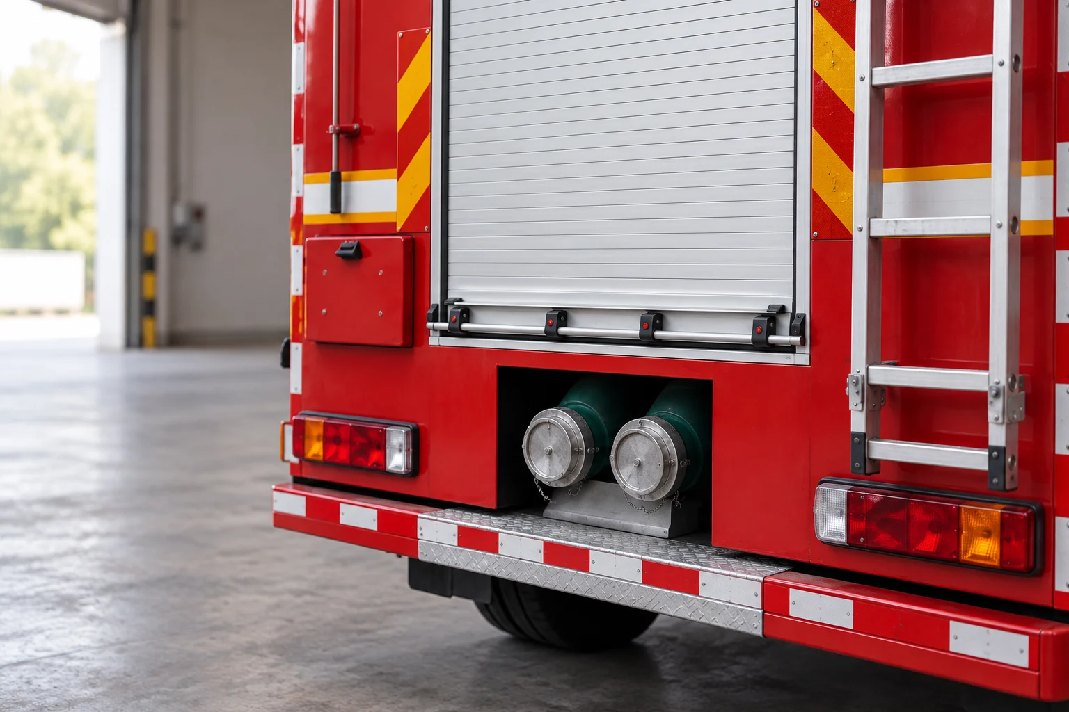Illustrative close view of a fire truck roller shutter, capped outlets and access ladder