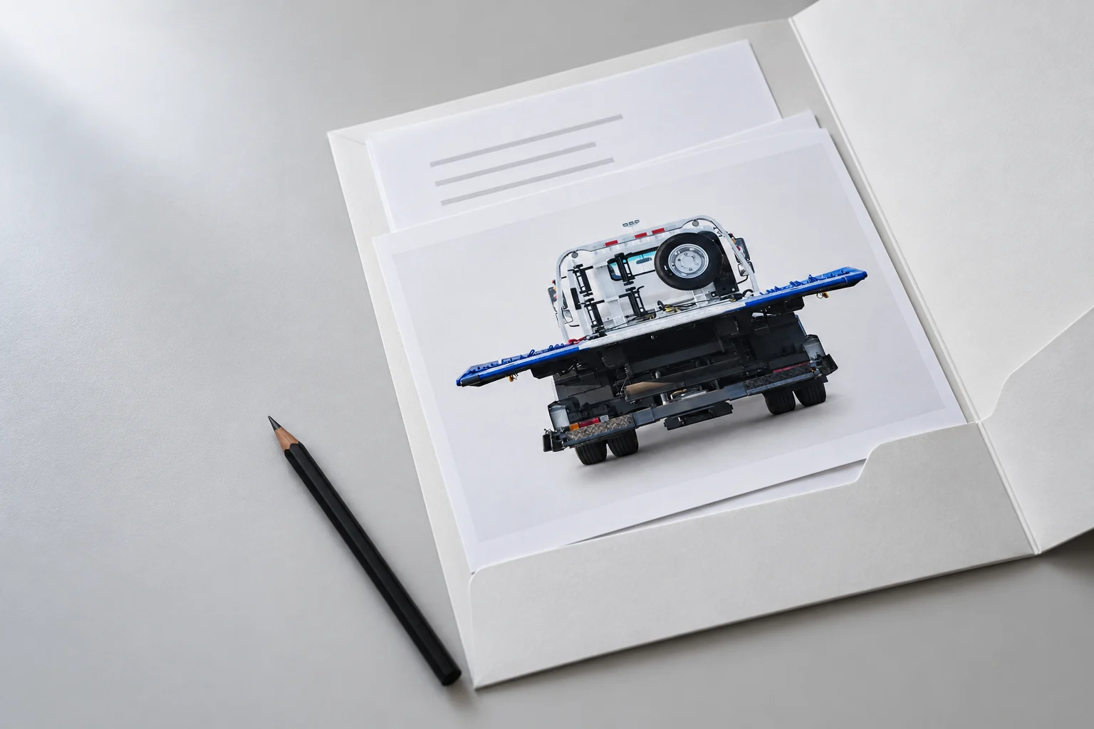 Illustrative vehicle photograph and notes in a project folder