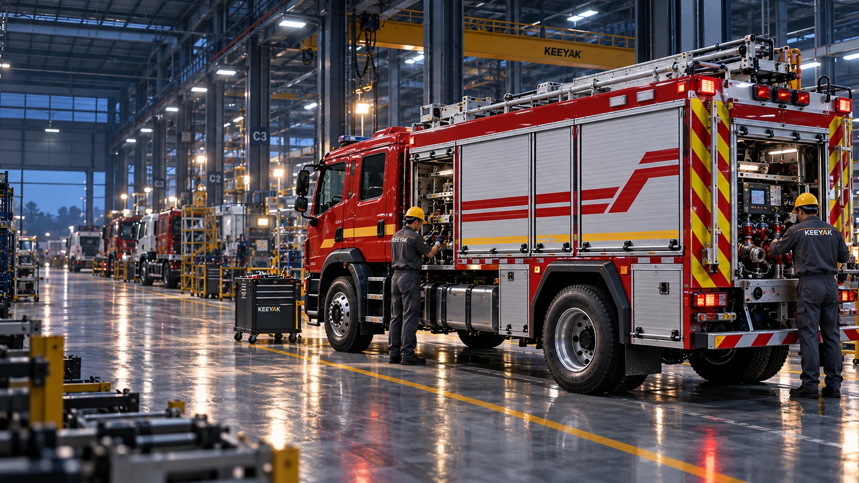 Fire vehicle and technicians in a workshop, editorial scene