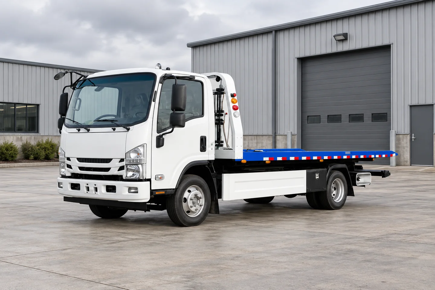 Illustrative single-cab recovery truck outside a maintenance workshop