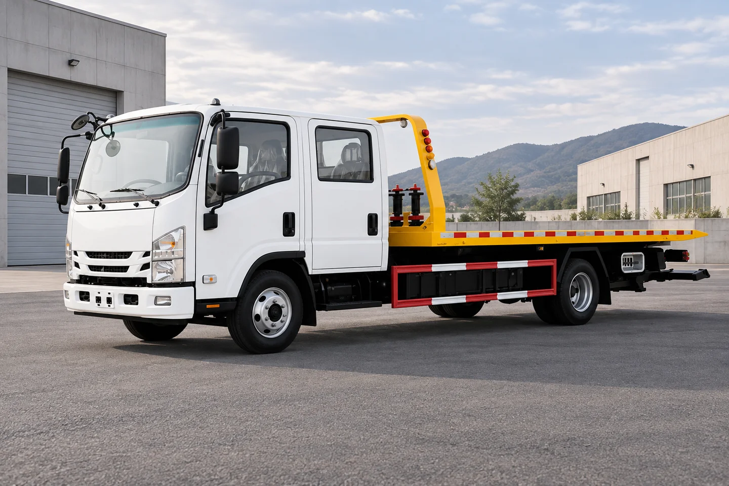 Illustrative double-cab recovery truck on a service apron