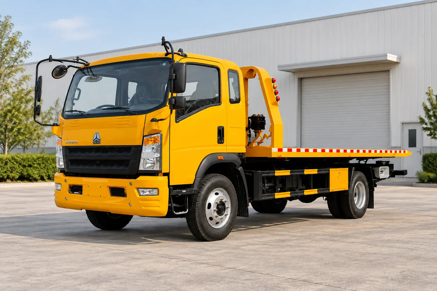 Illustrative yellow HOWO recovery truck in a service yard