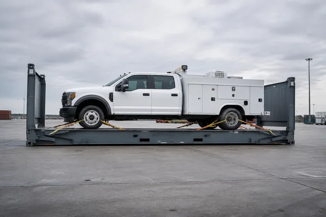 Illustrative flatrack vehicle transport arrangement