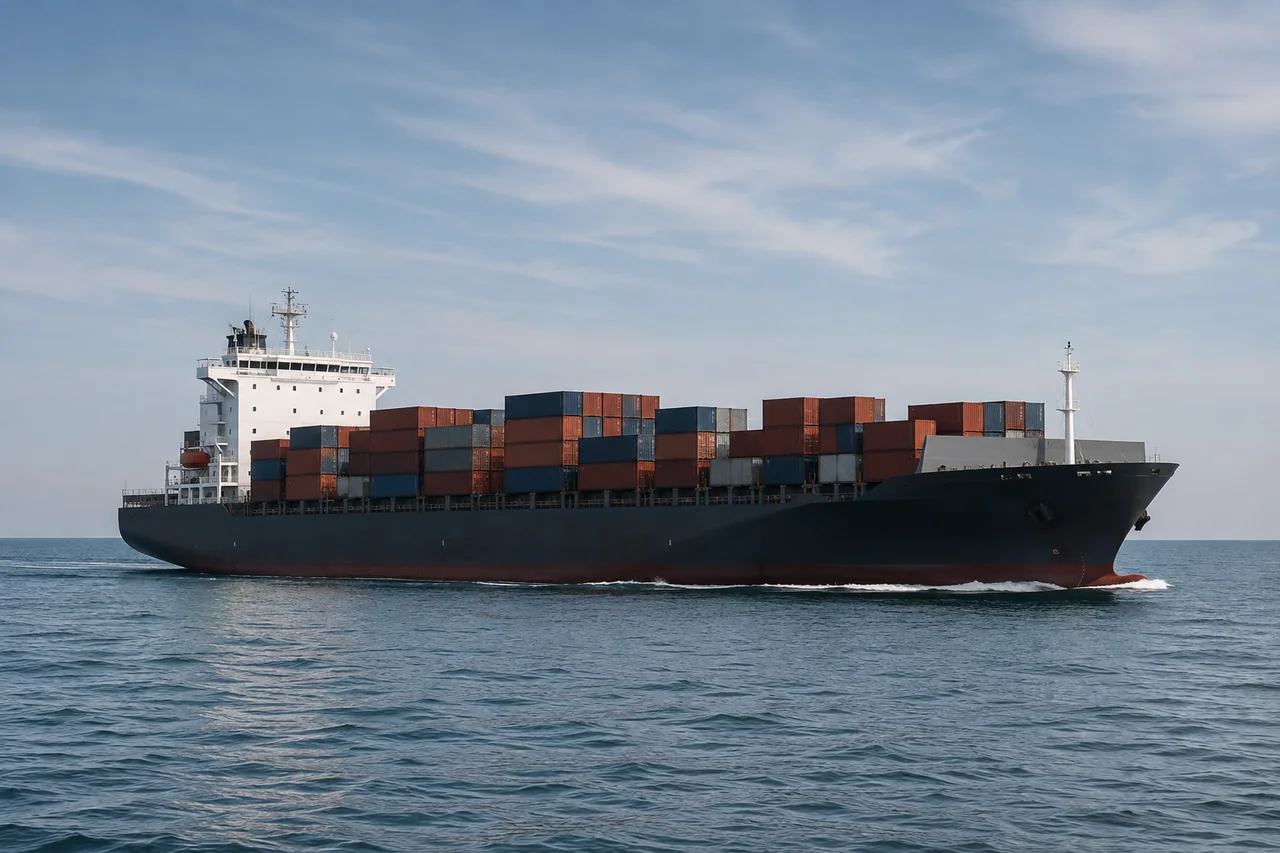 Container cargo ship sailing on calm sea